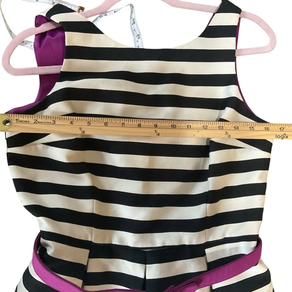 White House Black Market Black White Striped Fit & Flare Dress Purple Belt - Picture 9 of 9